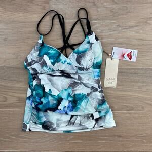 CALIA by Carrie Underwood Women's Strappy Ruched Tankini Top Ocean Iris XS NWT